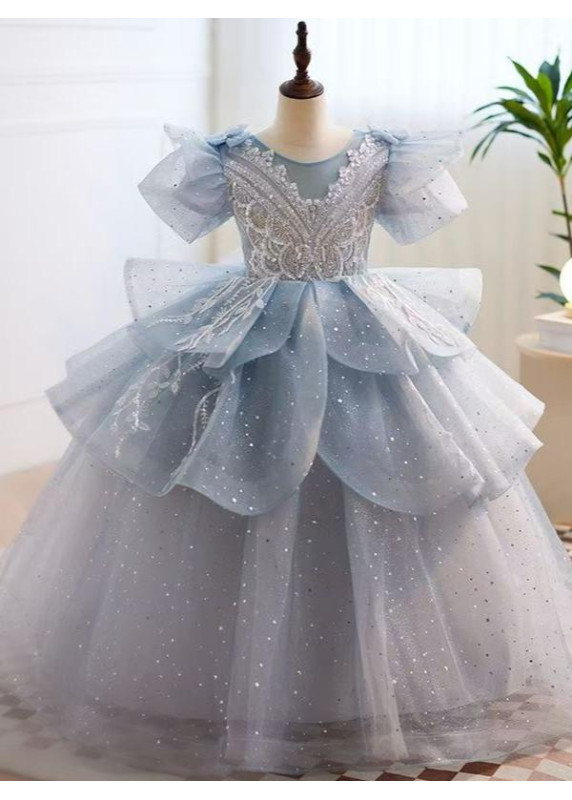 robe fille mariage en tulle bleu ciel avec jupe volumineuse à volants superposés