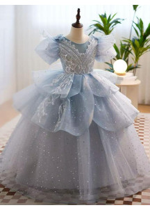 robe fille mariage en tulle bleu ciel avec jupe volumineuse à volants superposés