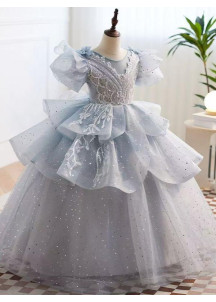 robe fille mariage en tulle bleu ciel avec jupe volumineuse à volants superposés