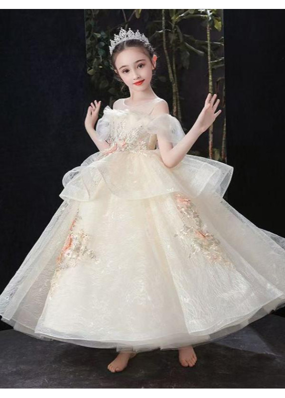 Wedding Dress for Girls in Champagne Tulle with Delicate Floral Embroidery and Double-Layered Ruffled Skirt