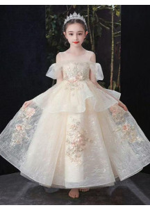 Wedding Dress for Girls in Champagne Tulle with Delicate Floral Embroidery and Double-Layered Ruffled Skirt