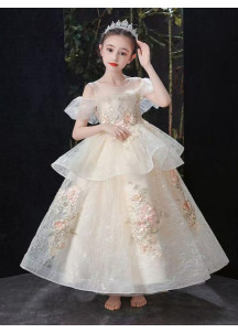 Wedding Dress for Girls in Champagne Tulle with Delicate Floral Embroidery and Double-Layered Ruffled Skirt