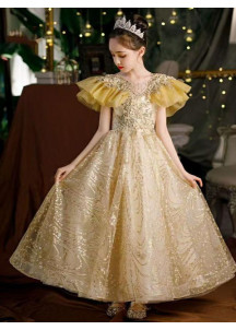 Vestido de Noche para Niños en Tul Dorado Brillante con Escote en V y Volantes de Organza