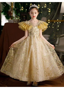 Vestido de Noche para Niños en Tul Dorado Brillante con Escote en V y Volantes de Organza