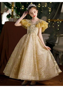 Evening Dress for Children in Golden Tulle with V-Neckline and Organza Ruffles