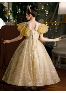 Evening Dress for Children in Golden Tulle with V-Neckline and Organza Ruffles