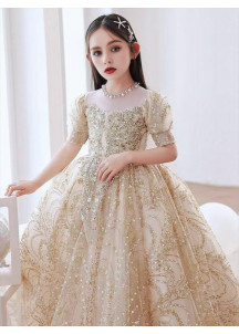 robe soirée enfant en tulle champagne scintillant avec manches courtes bouffantes