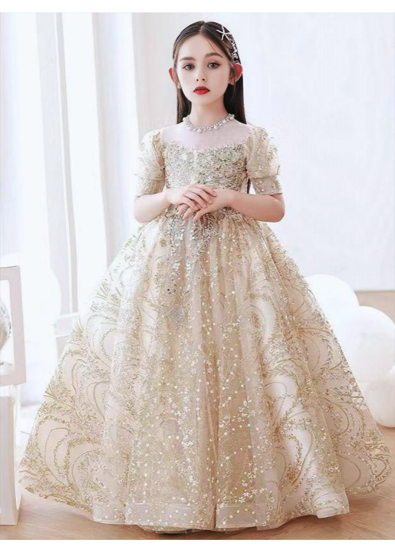 Evening Dress for Children in Champagne Tulle with Short Puffed Sleeves