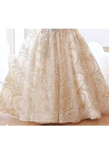 robe soirée enfant en tulle champagne scintillant avec manches courtes bouffantes