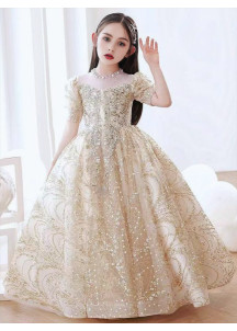 Evening Dress for Children in Champagne Tulle with Short Puffed Sleeves