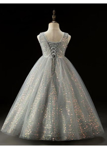 Silver Gray Tulle Evening Dress for Children with Sparkling Sequins