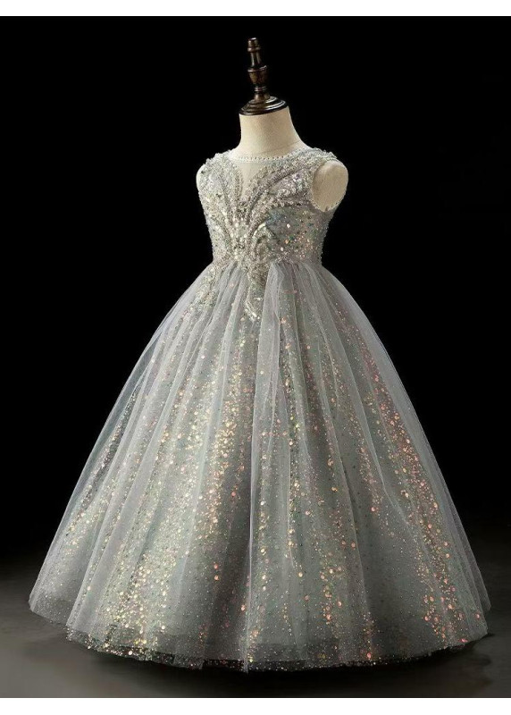 robe soirée enfant en tulle gris argenté parsemé de paillettes scintillantes