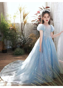 Sky Blue Tulle Evening Dress for Children with Sparkling Sequins and Puffed Sleeves