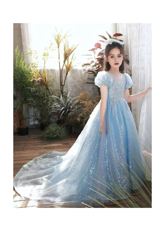 Sky Blue Tulle Evening Dress for Children with Sparkling Sequins and Puffed Sleeves