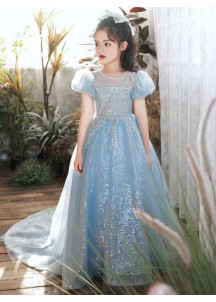 Sky Blue Tulle Evening Dress for Children with Sparkling Sequins and Puffed Sleeves