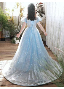 Sky Blue Tulle Evening Dress for Children with Sparkling Sequins and Puffed Sleeves