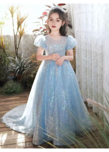 Sky Blue Tulle Evening Dress for Children with Sparkling Sequins and Puffed Sleeves