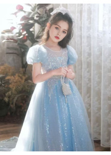 Sky Blue Tulle Evening Dress for Children with Sparkling Sequins and Puffed Sleeves