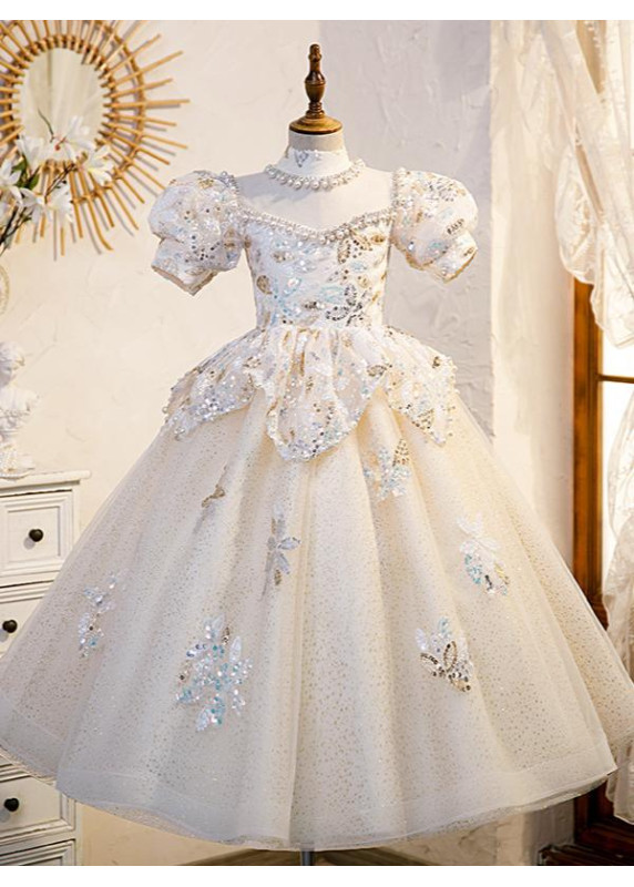 robe de demoiselle d'honneur en tulle champagne avec broderies florales à sequins et perles