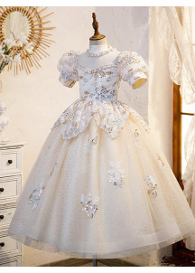 robe de demoiselle d'honneur en tulle champagne avec broderies florales à sequins et perles