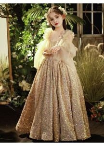 Golden Evening Dress for Girls with Vaporous Mousseline Sleeves