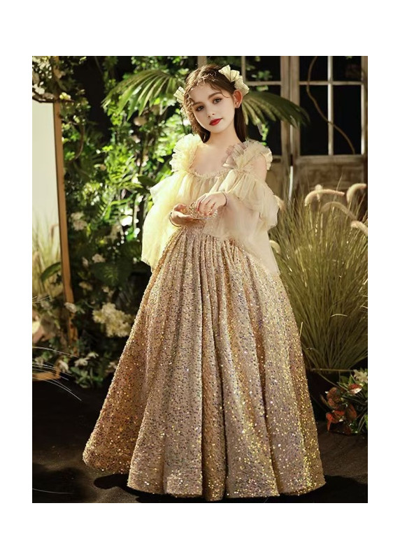 Golden Evening Dress for Girls with Vaporous Mousseline Sleeves