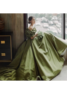 Green satin evening gown with off-the-shoulder bodice