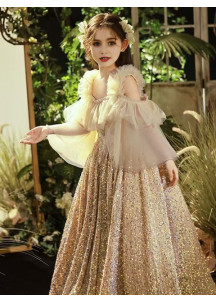 Golden Evening Dress for Girls with Vaporous Mousseline Sleeves