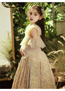 Golden Evening Dress for Girls with Vaporous Mousseline Sleeves