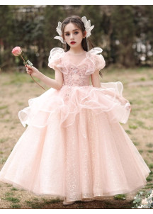 Pink Tulle Evening Dress for Girls with Full Skirt and Multiple Ruffles