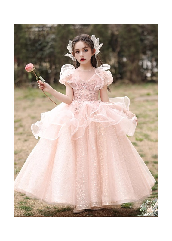 Pink Tulle Evening Dress for Girls with Full Skirt and Multiple Ruffles