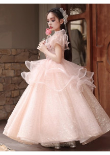 Pink Tulle Evening Dress for Girls with Full Skirt and Multiple Ruffles