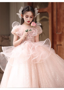 Pink Tulle Evening Dress for Girls with Full Skirt and Multiple Ruffles