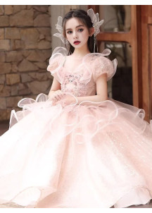 Pink Tulle Evening Dress for Girls with Full Skirt and Multiple Ruffles