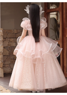 Pink Tulle Evening Dress for Girls with Full Skirt and Multiple Ruffles