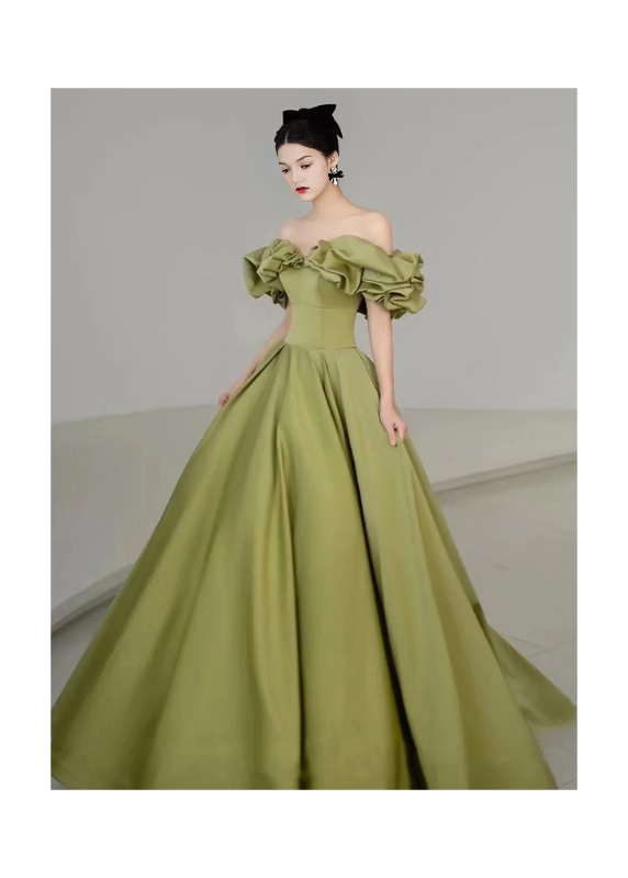 Green satin evening gown with off-the-shoulder bodice