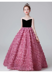 Black Velvet and Pink Organza Ceremony Dress for Little Girls