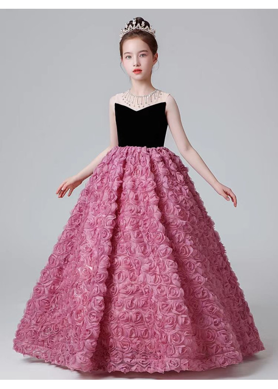 Black Velvet and Pink Organza Ceremony Dress for Little Girls