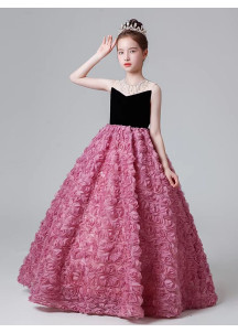 Black Velvet and Pink Organza Ceremony Dress for Little Girls