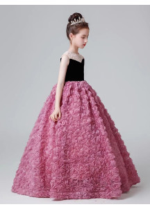 Black Velvet and Pink Organza Ceremony Dress for Little Girls