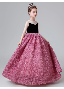 Black Velvet and Pink Organza Ceremony Dress for Little Girls