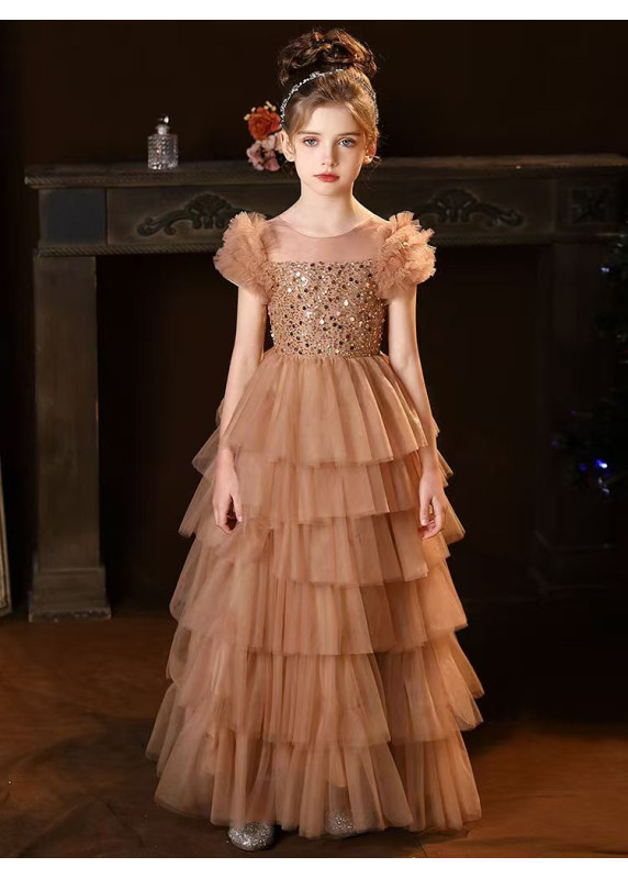 Brown Tulle Bridesmaid Dress with Layered Ruffles