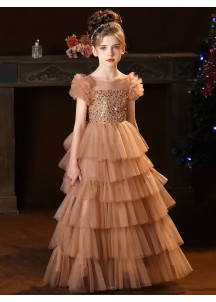 Brown Tulle Bridesmaid Dress with Layered Ruffles