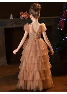 robe cérémonie petite fille tulle couleur marron jupe à multiples volants superposés