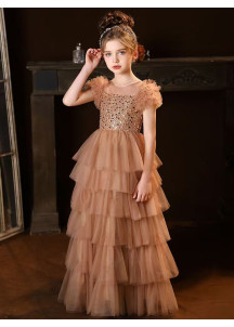 Brown Tulle Bridesmaid Dress with Layered Ruffles