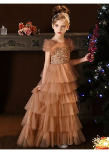 Brown Tulle Bridesmaid Dress with Layered Ruffles