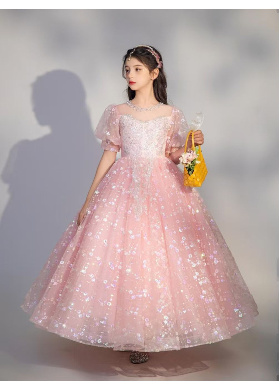 robe cérémonie petite fille tulle rose pâle à sequins motifs floraux