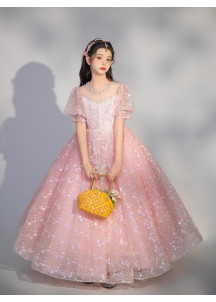 Pale Pink Tulle Flower Girl Dress with Sequins and Floral Motifs