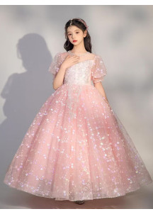 robe cérémonie petite fille tulle rose pâle à sequins motifs floraux