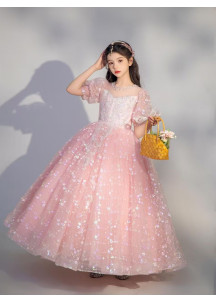 Pale Pink Tulle Flower Girl Dress with Sequins and Floral Motifs